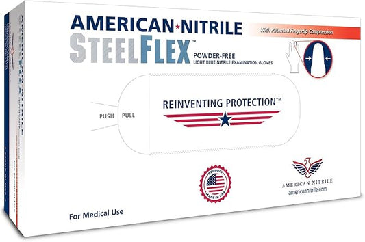 American Nitrile – SteelFlex Powder Free Examination Gloves – Latex Free Disposable Gloves for Medical, Dental – Made in USA
