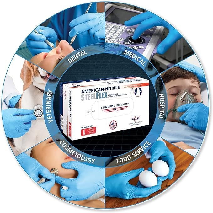 American Nitrile – SteelFlex Powder Free Examination Gloves – Latex Free Disposable Gloves for Medical, Dental – Made in USA