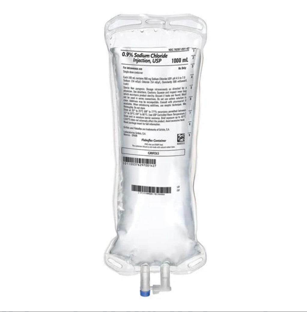 $60 PER CASE DELIVERED!!!!  GRIFOLS 0.9% Sodium Chloride IV Solution Injection, FleboFlex 1000 mL 10/CS