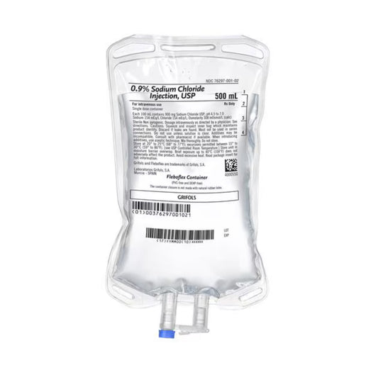 $65 PER CASE DELIVERED!!!  GRIFOLS 0.9% Sodium Chloride IV Solution Injection, FleboFlex 500 mL 20/CS