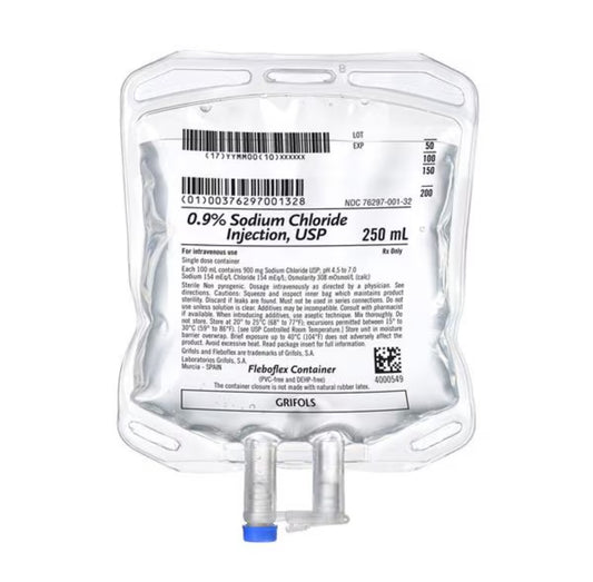 $90.00 PER CASE DELIVERED!!!!! GRIFOLS 0.9% Sodium Chloride IV Solution Injection, FleboFlex 250 mL 28/CS